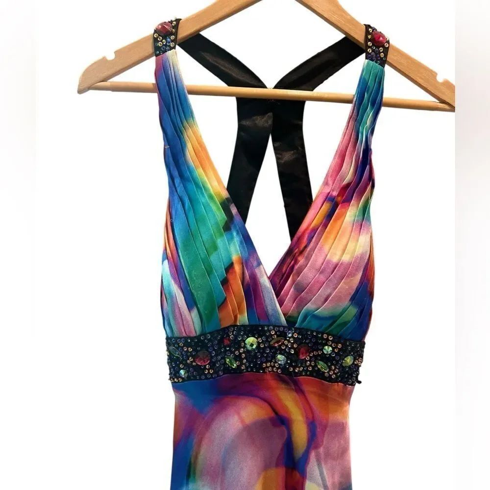 Vintage Caché Multicolor Rhinestone Embellished Open Back Maxi Dress Size - Picture 3 of 8